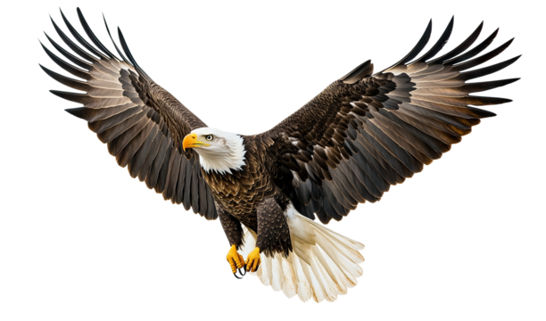 Majestic American bald eagle in flight with wings spread wide, isolated on transparent cutout background
