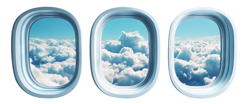 Airplane windows framing a peaceful cloudscape, ideal for aviation or wanderlust designs, isolated on transparent cutout background
