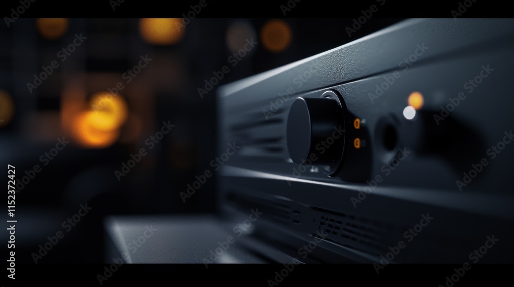 Poster close-up shot of a sleek audio amplifier knob illuminated by soft ambient light, creating a high-tec