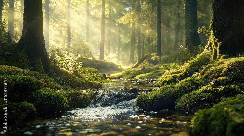 Aufkleber serene forest scene with sunlight filtering through trees and stream