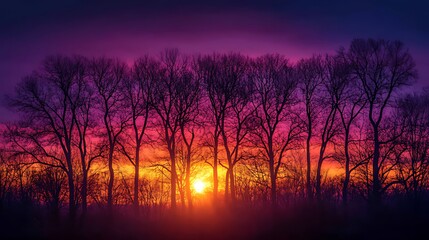 Obraz premium Vibrant sunset silhouettes of leafless trees against a colorful sky.