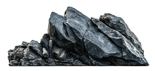 Large black stone outcrop with sharp edges, isolated on transparent cutout background
