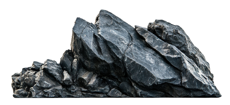 Large black stone outcrop with sharp edges, isolated on transparent cutout background
