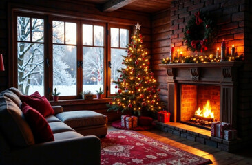 Fototapeta premium Cozy Christmas living room with fireplace, Christmas tree and festive decor in winter cottage overlooking snow-covered trees. Eco-friendly. 3D product demo mockup. Winter holidays. Showcase.