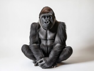 a gorilla sits with a neutral expression against a white backdrop
