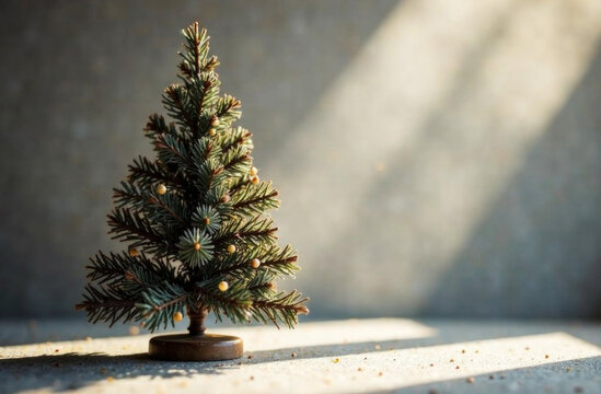 Creative Home Interior. Christmas Festive Room Decoration. Future dask New Year tree on Light Gray Background. Blur, Bokeh Background. Copy Space.