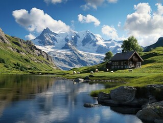 Fototapeta premium A small house in the middle of a mountain lake surrounded by grassy fields