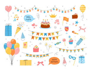 Fototapeta premium Birthday vector elements set. Funny flat colorful hand drawn kid bday design objects isolated. Cute birthday cake, party hat, cracker, balloons, gift boxes. Joyful childish illustrations collection
