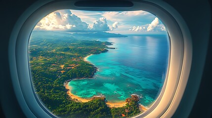 Fototapeta premium Airplane window view of tropical coastline, ocean, and beach.