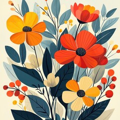 Retro-Style Floral Illustration with Bold Blooms and Muted Colors