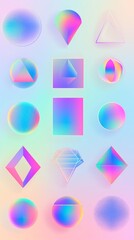A vivid collection of geometric icons with gradient effects, featuring spheres, triangles, and diamonds in soft pastel hues, perfect for modern designs. AI generated.
