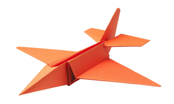 Paper craft plane in vibrant orange color, isolated on transparent cutout background
