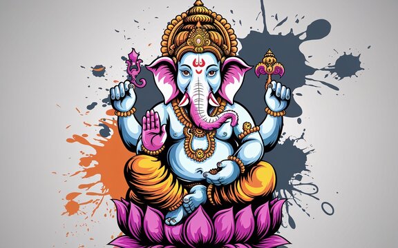 Doodle Ganesha with Vibrant Colors, Colorful illustration of Hindu god Ganesha seated on lotus flower.