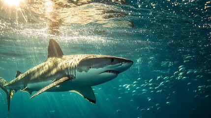 Fototapeta premium Great white shark swimming underwater.