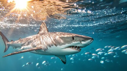 Obraz premium Great white shark swimming under sunlight.