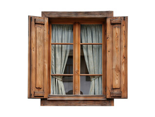 Obraz premium Rustic wooden window frame with decorative shutters, isolated on transparent cutout