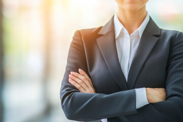 Confident caucasian female professional with arms crossed in business suit