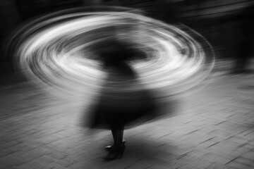 Abstract motion blur of spinning female silhouette in black and white
