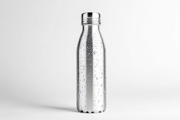 Stainless steel water bottle with condensation on white background