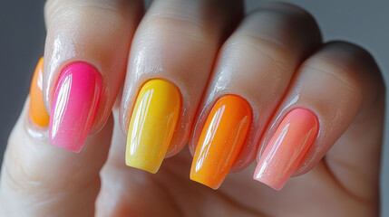 Vibrant summer nail art featuring gradient sunset colors in a hand pose