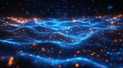 Obraz premium Abstract glowing particle waves, blue and orange.