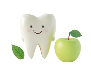 Isolated Cartoon Tooth with Green Apple