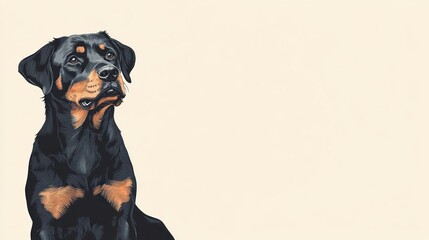 Obraz premium A majestic Rottweiler dog sits, gazing thoughtfully to the side against a pale background, leaving ample copy space.