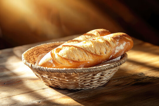 Rustic baguettes in wicker basket on wooden table with warm sunlight
