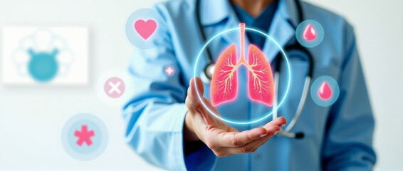 Obraz premium A pulmonologist with holographic image of respiratory organs in hand. Copy space. AI generative.
