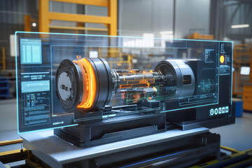 Advanced holographic interface of industrial machine in modern factory setting