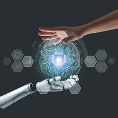 Chat with AI or artificial intelligence technology. Businessman hand connect to intelligent AI...