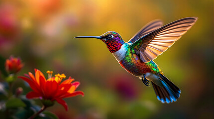 Fototapeta premium Vibrant Hummingbird in Flight with Red Flowers and Golden Sunset Background