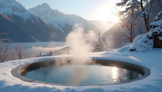 Relaxing hot spring bath in a snowy Japanese mountain landscape during winter