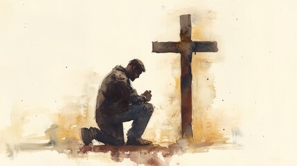Watercolor painting of a man kneeling in front of a cross, praying to God.
