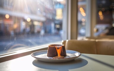 Dreamy Cafe Vibe A molten lava cake, Molten chocolate cake dessert on a table by a window.