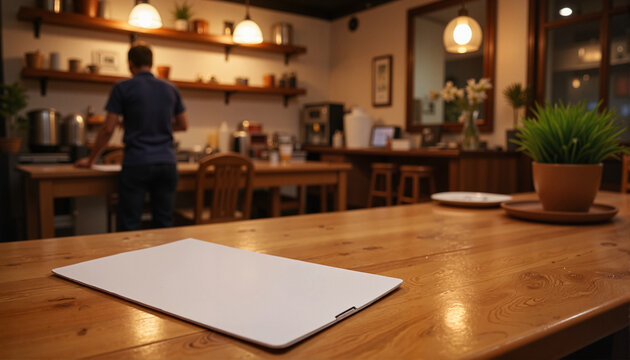A4 paper mockup on wooden desk in cozy café with person preparing coffee and copy space