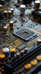 Microchip on motherboard. Electronic circuit board close-up. Advanced technology CPU processor for modern computers