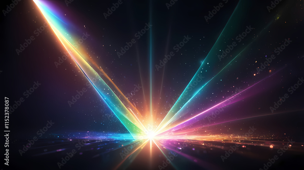 Poster cosmic convergence: a celestial spectacle unfolds, with vibrant beams of light radiating from a cent