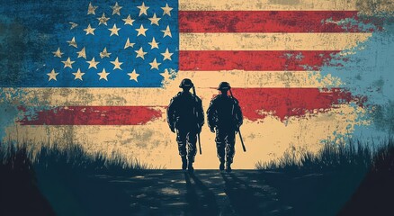 Silhouetted soldiers walking with American flag background