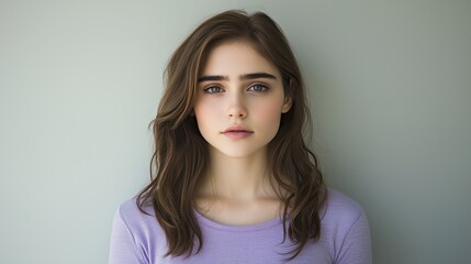 Fototapeta premium Portrait of young beautiful cute woman with long brown hair wearing lavender shirt against neutral background