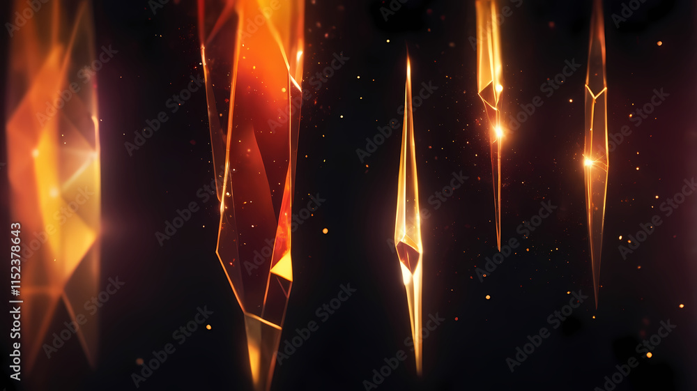 Poster fiery crystal shards: abstract art of glowing, amber crystals suspended in dark space. intricate det