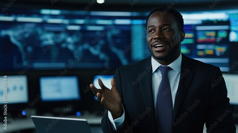 Poster confident young black african businessman presenting data in modern office surrounded by large scree