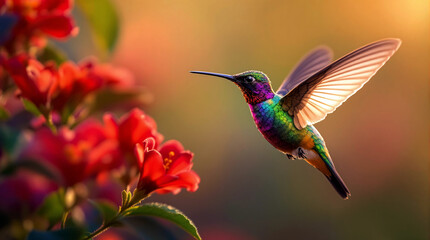 Fototapeta premium Vibrant Hummingbird in Flight with Red Flowers and Golden Sunset Background