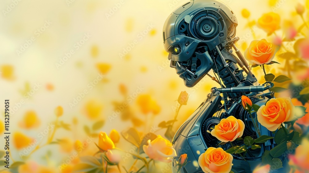 Aufkleber ai-generated image of a futuristic robot in profile view surrounded by lush, vibrant orange roses in
