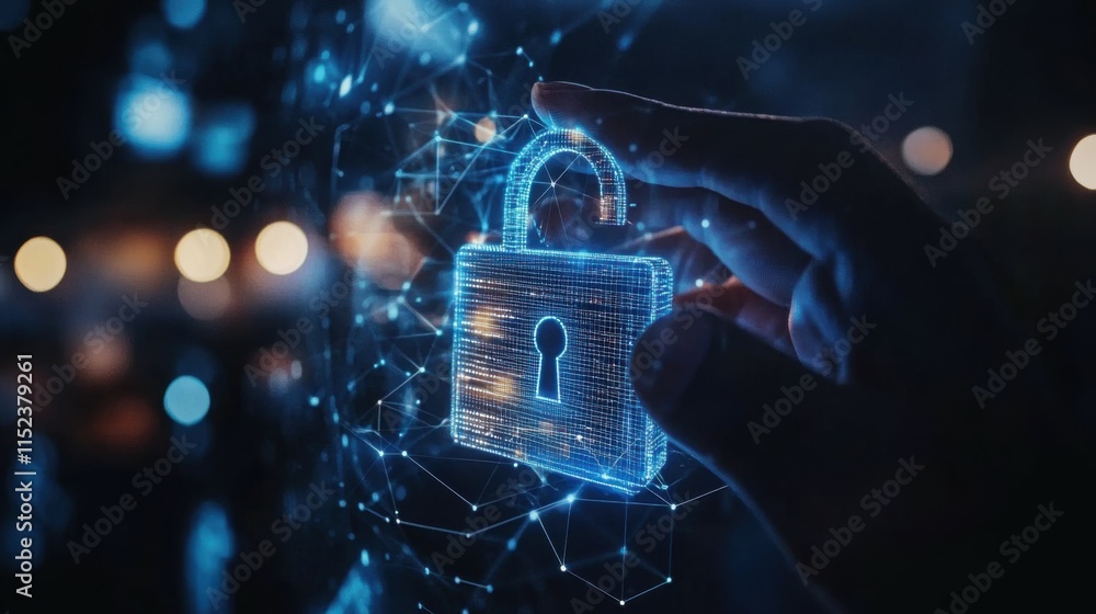 Poster cyber security, hand hold digital padlock, login verified identity credentials on network of data pr