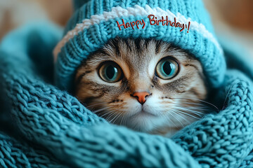 An adorable cat wearing a festive hat, looking cheerful and playful, with bold italic text in the top-right corner that reads "Happy Birthday!", perfect for celebration themes.

