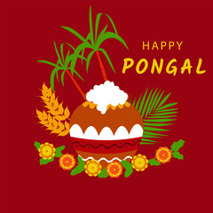 Happy Pongal south Indian festival . Vector illustration for greeting card, poster, banner, web. 