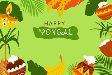 Happy Pongal south Indian festival . Vector illustration for greeting card, poster, banner, web. 