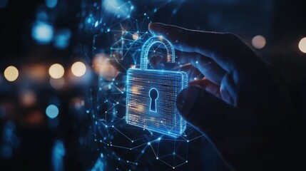Cyber security, Hand hold digital padlock, Login verified identity credentials on network of data protection technology.Online internet authorized access against cyber attack and business data privacy