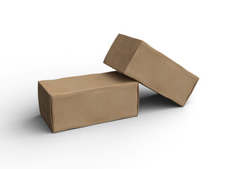 Rendered image of a rectangular cardboard box with dents on a light background